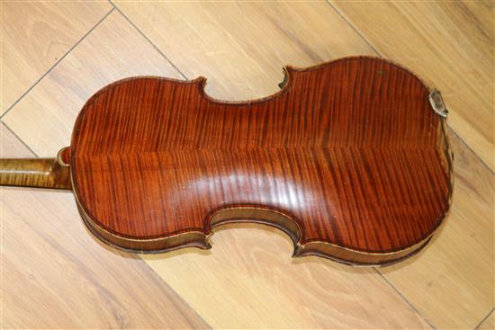 A 19th century violin by Louis Jolly, with bow cased Length 62cm